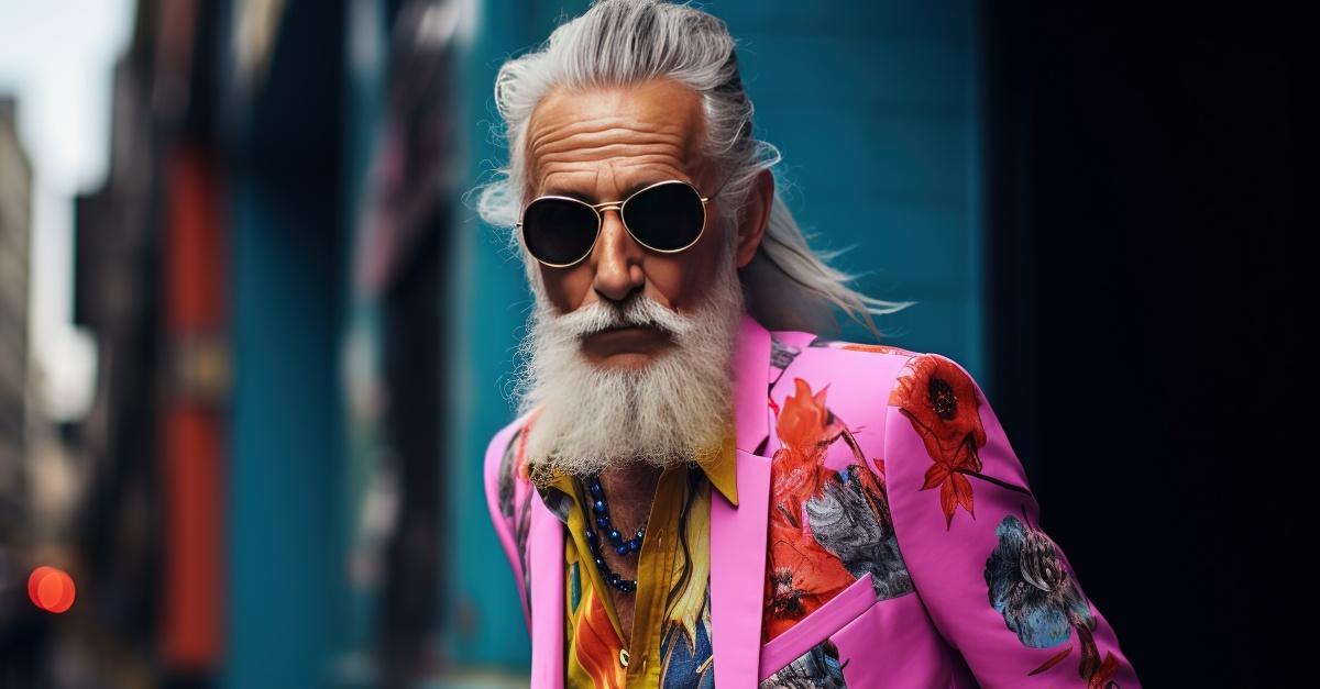 A fashionable, positive elderly man with gray hair and a beard in stylish bright clothes poses on a city street. An old, confident hipster walks through the city.